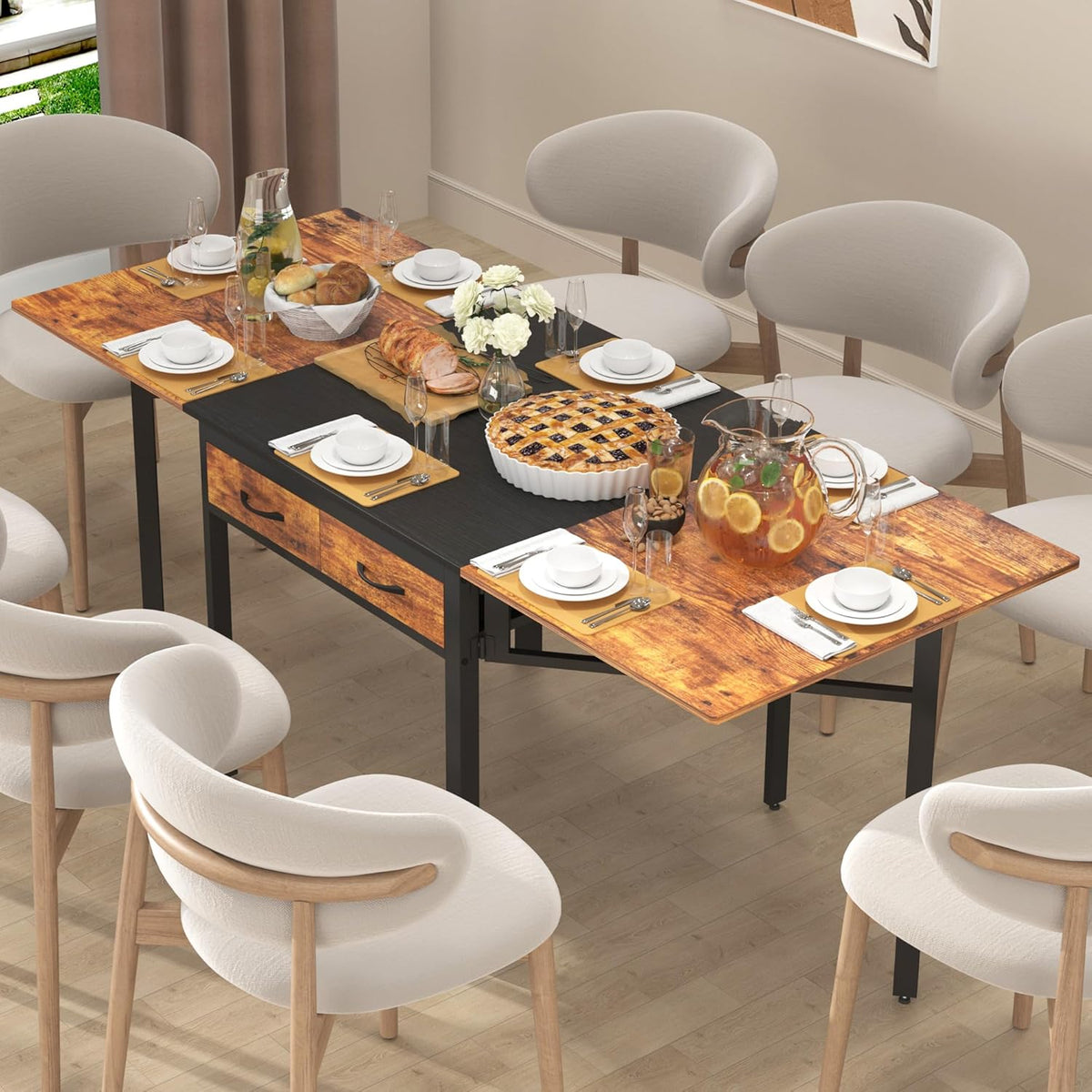 Folding Dining Table,Dining Room Table with Drawers,Industrial Extendable Table for 6-8 People,for Dining Room,Living Room,Restaurant,Saving Space
