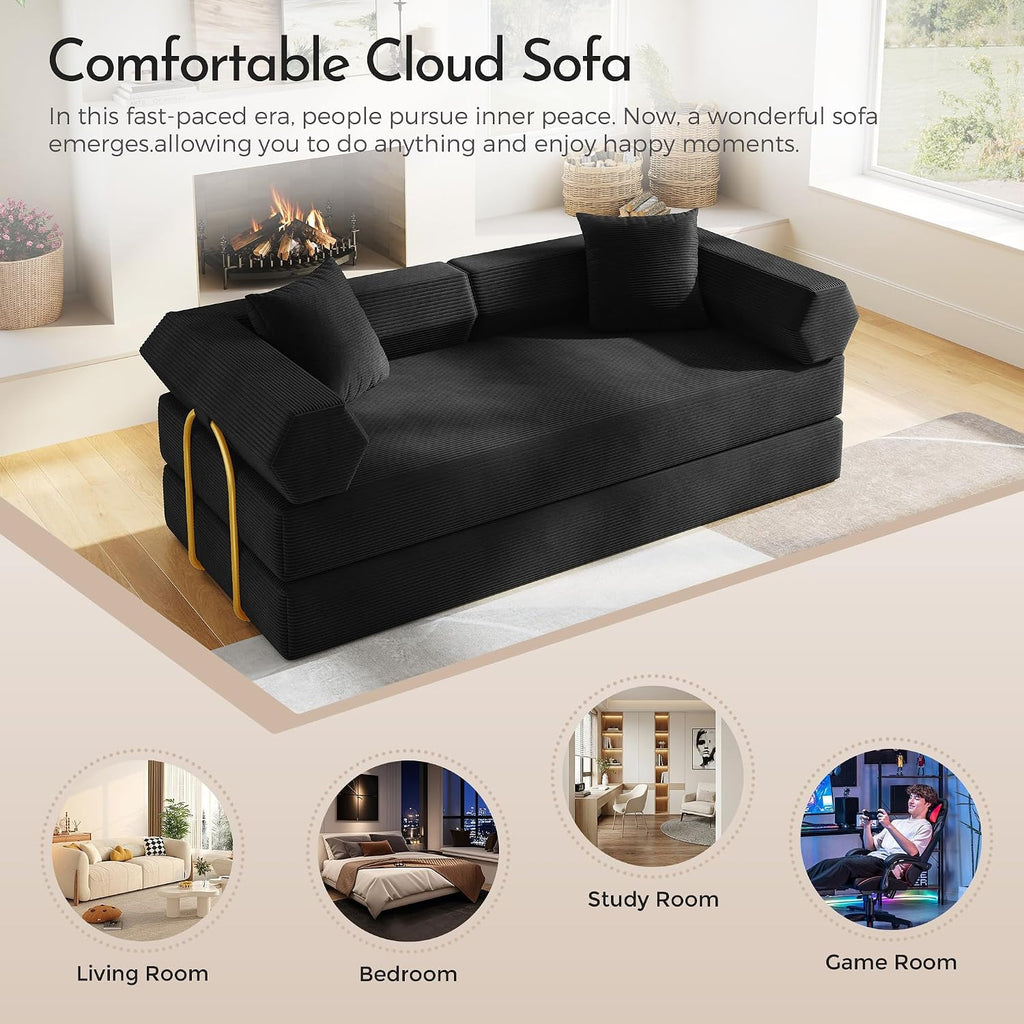 79" Convertible Futon Sofa Bed, Couch for Living Room | Black | Modular Sleeper Sofa, Corduroy Pull Out Floor Couch Loveseat with Fixed-Shape Frame, No Assembly