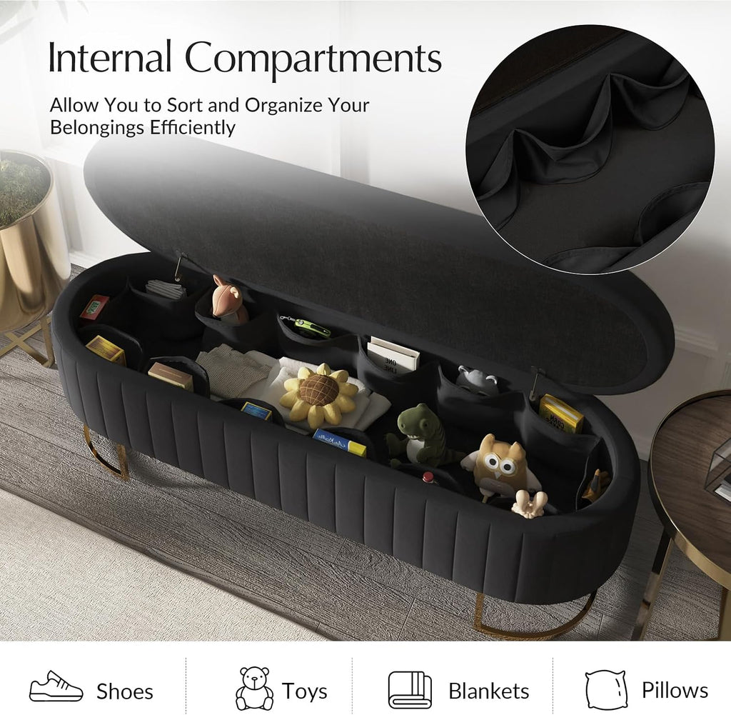 55.5" Velvet Upholstered Storage Bench with Channel Tufted Seat and Metal Legs, Multi-Functional Ottoman with Interior Organizer Pockets for Bedroom and Entryway, Flipping Lid Large Window Bench
