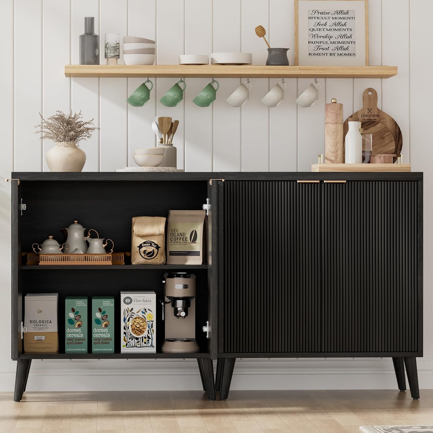 Homleke Buffet Cabinet with Storage, Modern Fluted Accent Sideboard with Doors & Adjustable Shelf, Buffet Table Entryway Cabinets for Living Room, Kitchen, Dining Room, Hallway, Black