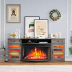 AMERLIFE 70" Fireplace TV Stand with 36'' Curved Electric Fireplace | Wash Gray LED TV Console, Farmhouse Living Room Entertainment Center, 2 Drawers & Adjustable Shelves, Fit TVs up to 80"