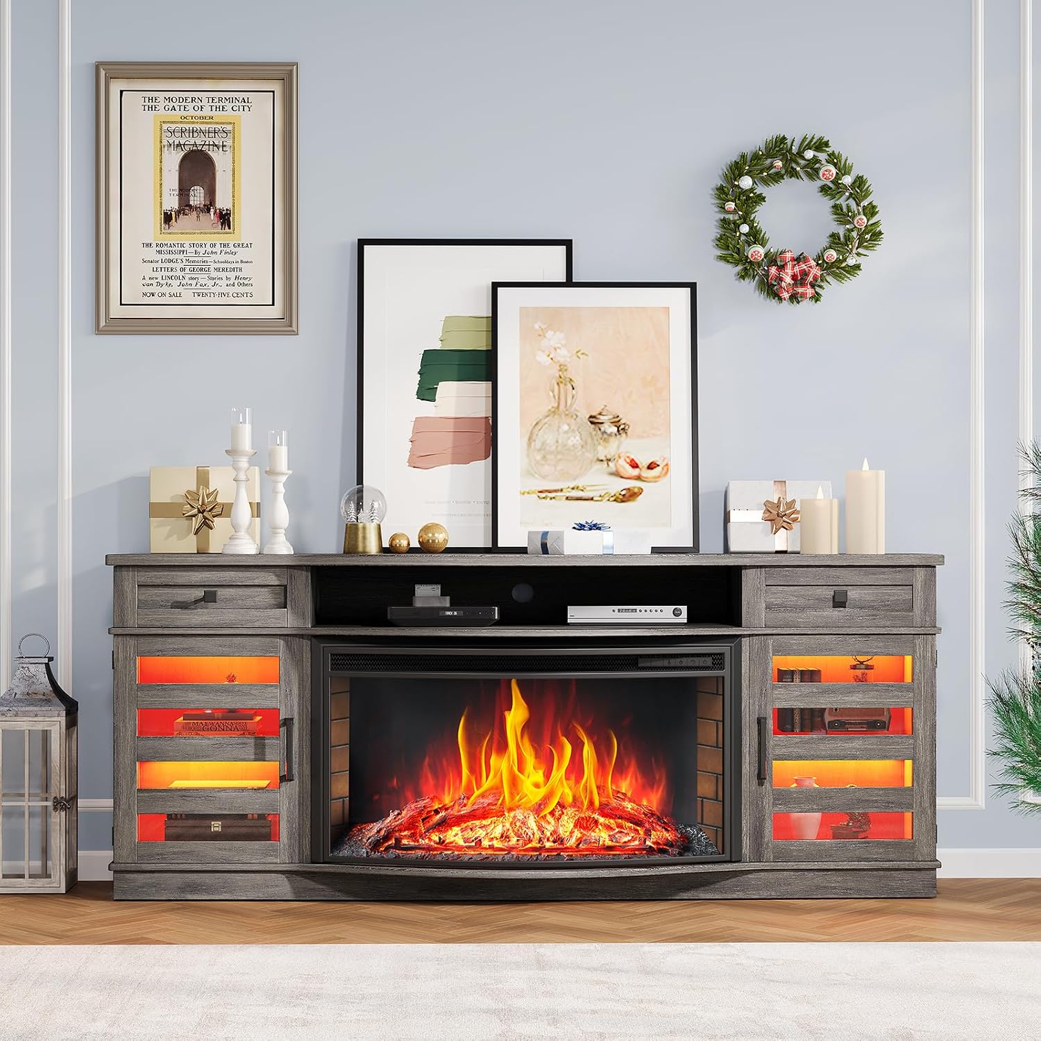 AMERLIFE 70" Fireplace TV Stand with 36'' Curved Electric Fireplace | Wash Gray LED TV Console, Farmhouse Living Room Entertainment Center, 2 Drawers & Adjustable Shelves, Fit TVs up to 80"
