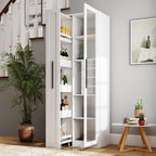 Kitchen Pantry Cabinet with Pull-Out Multi-Tier Storage Shelf, Farmhouse Storage Cabinet with Glass Doors, Tall Pantry Organizer for Kitchen, Dining Room & Living Room White
