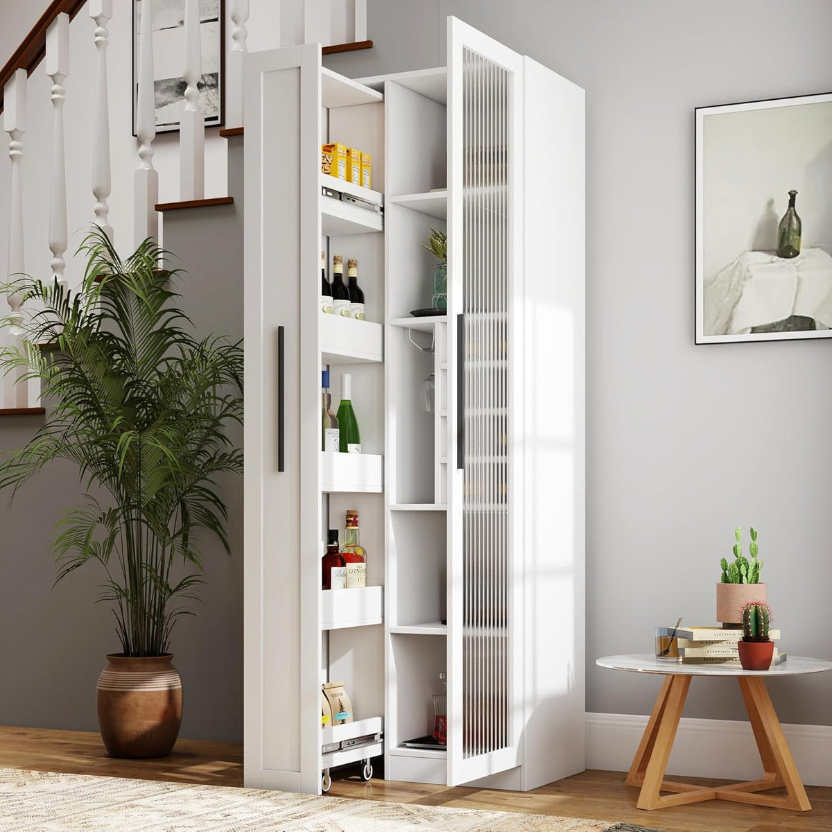 Kitchen Pantry Cabinet with Pull-Out Multi-Tier Storage Shelf, Farmhouse Storage Cabinet with Glass Doors, Tall Pantry Organizer for Kitchen, Dining Room & Living Room White