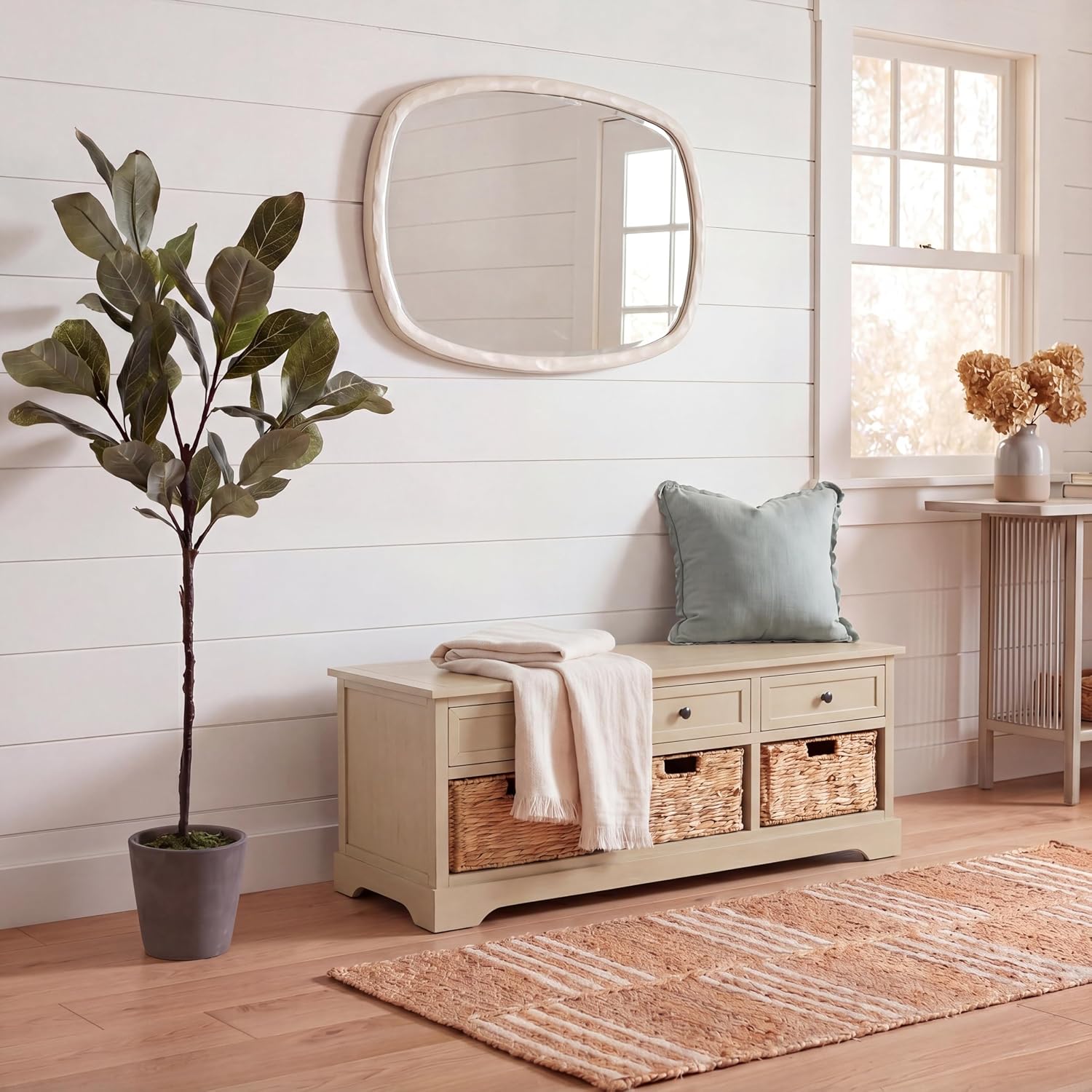 SAFAVIEH Home Collection – Damien Sand 6-Drawer Storage Bench, Mixed-Material Cottage Design, Fully Assembled (AMH5701G)