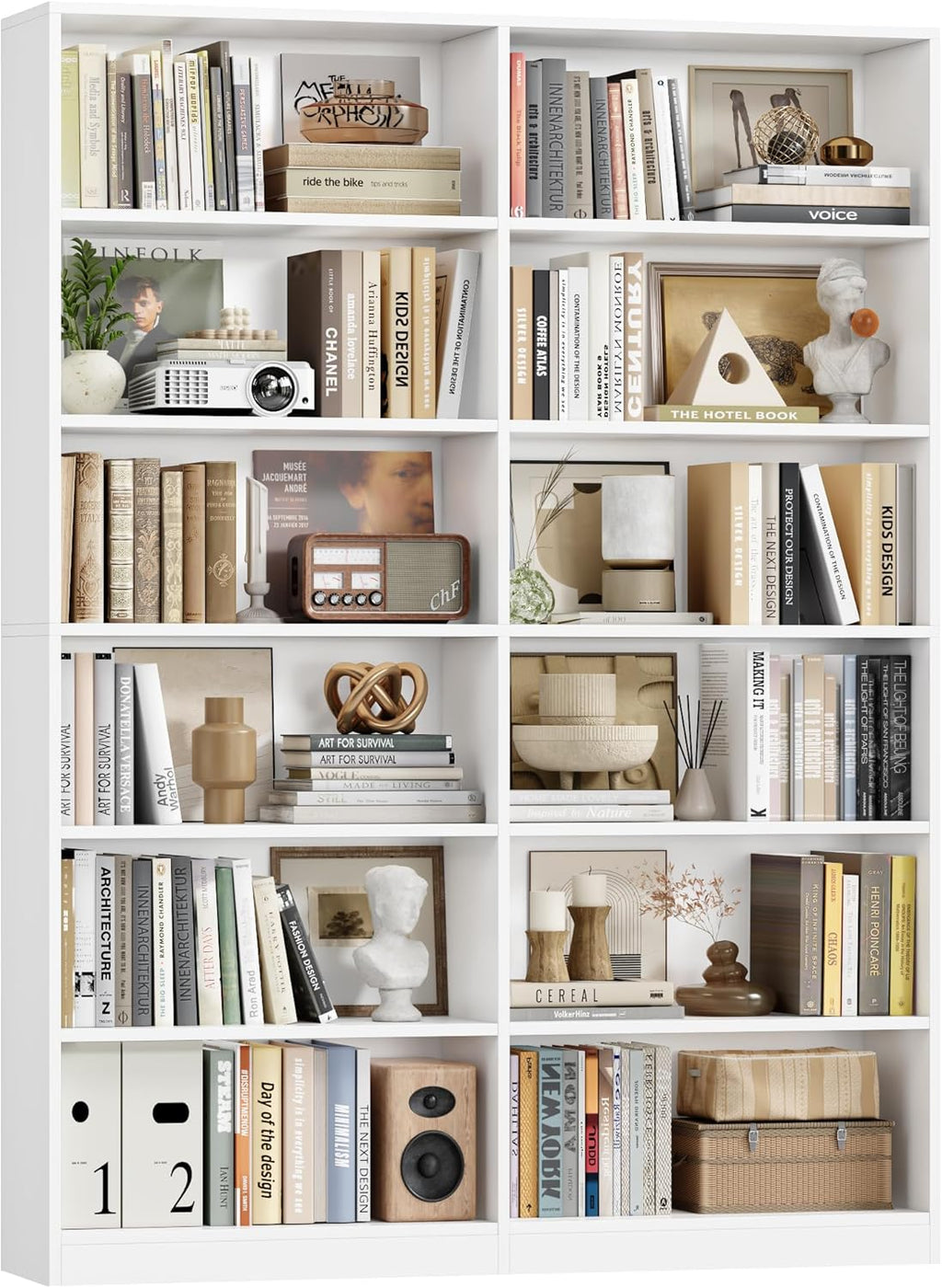 FACBOTALL Bookshelf Tall Bookcase, 6-Tier Double Wide Bookshelves, White