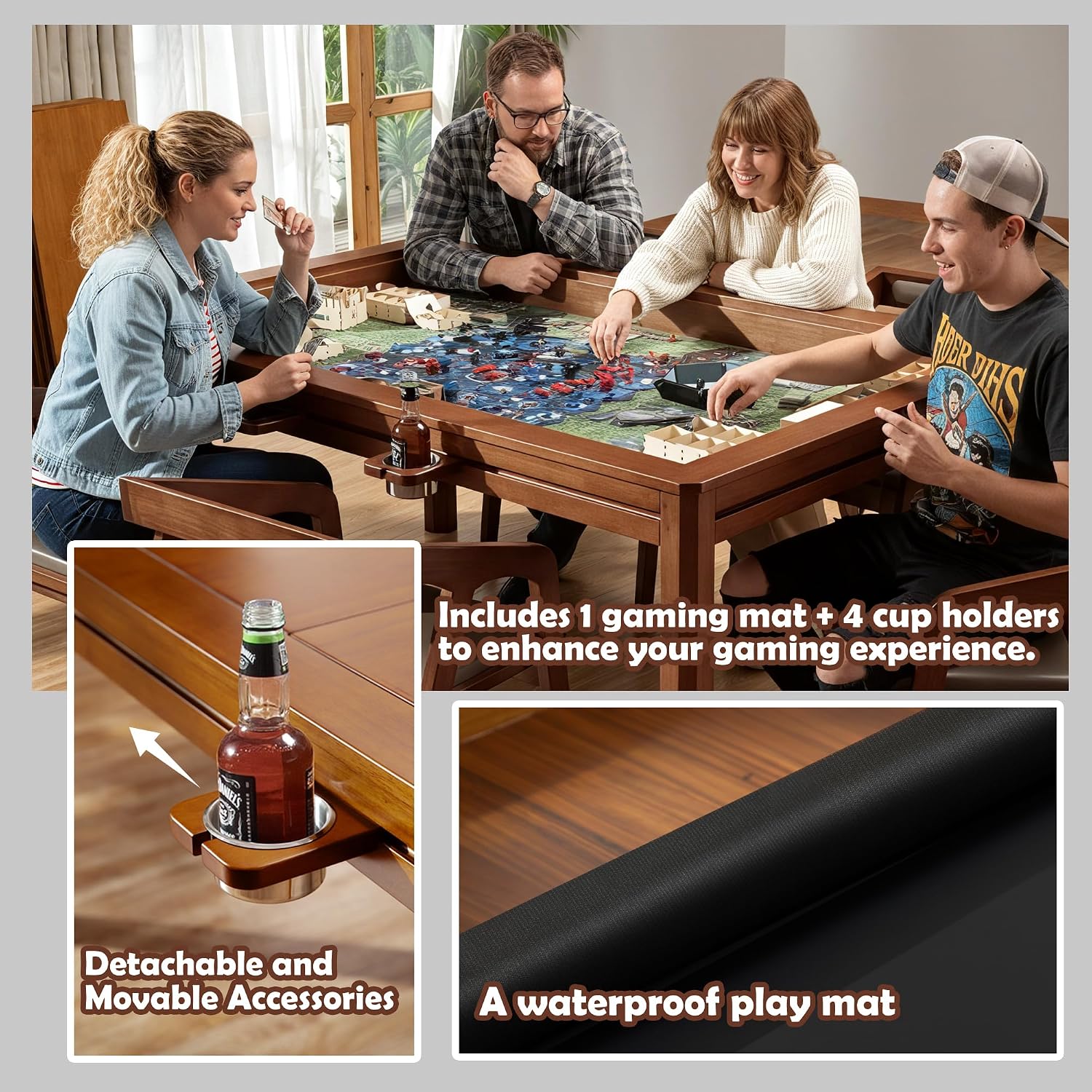Solid Wood Board Game Table with Removable Table Top for 4–6 Players,Gaming Table and Dining Includes Play Mat and Detachable Cup Holders with 55" x 31" Play Area (Cherry)
