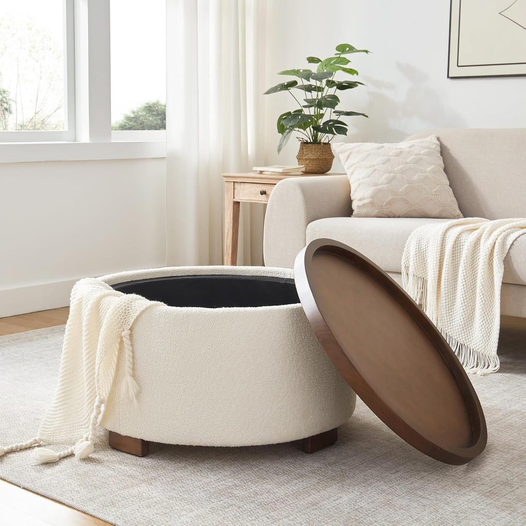 Zihanhome 30 Inch Round Storage Ottoman, Ottoman Coffee Table with Lift Off Lid, Boucle Modern Ottomans with Storage for Living Room, Bedroom, Apartments (Beige)