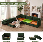 WorthFurni Modular Sectional Sofa with Storage Ottomans,103" U-Shaped Cloud Couch,Comfy Modern Couches with Pillows & Upholstered Deep Seat Cushion for Apartment Living Room Bedroom（Green）