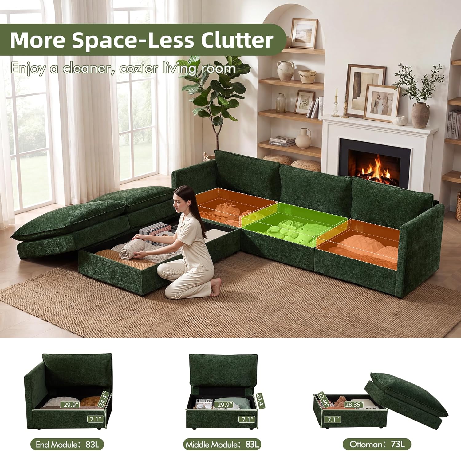 WorthFurni Modular Sectional Sofa with Storage Ottomans,103" U-Shaped Cloud Couch,Comfy Modern Couches with Pillows & Upholstered Deep Seat Cushion for Apartment Living Room Bedroom（Green）