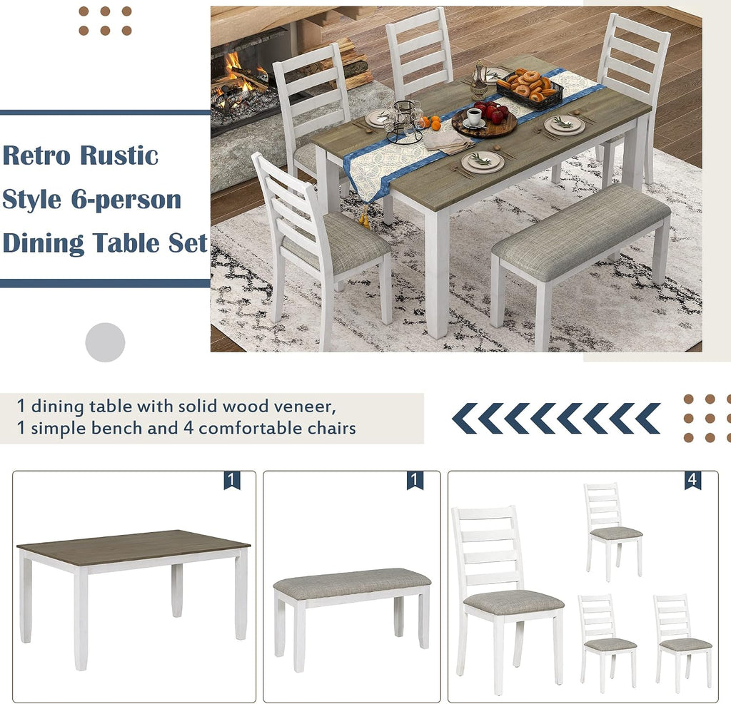 Harper & Bright Designs Rustic 6-Piece Dining Set with Table, 4 Upholstered Chairs & Bench | Farmhouse Kitchen Table Set for Dining Room (Brown + Whitewash)