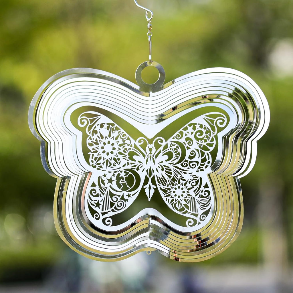 Wind Spinners Outdoor, 3D Butterfly Hanging Wind Spinners, 12 inches, Kinetic, Stainless-Steel Metal, Smooth Spinning, Indoor and Outdoor Decoration for Garden, Patio, Yard, Gift for Women Mom Wife
