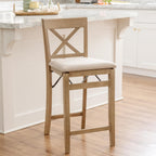 Linon Triena X Back Neutral Greywash Wooden Fully Assembled Folding 24 Inch Seat Height Counter Stool with Beige Upholstered Seat