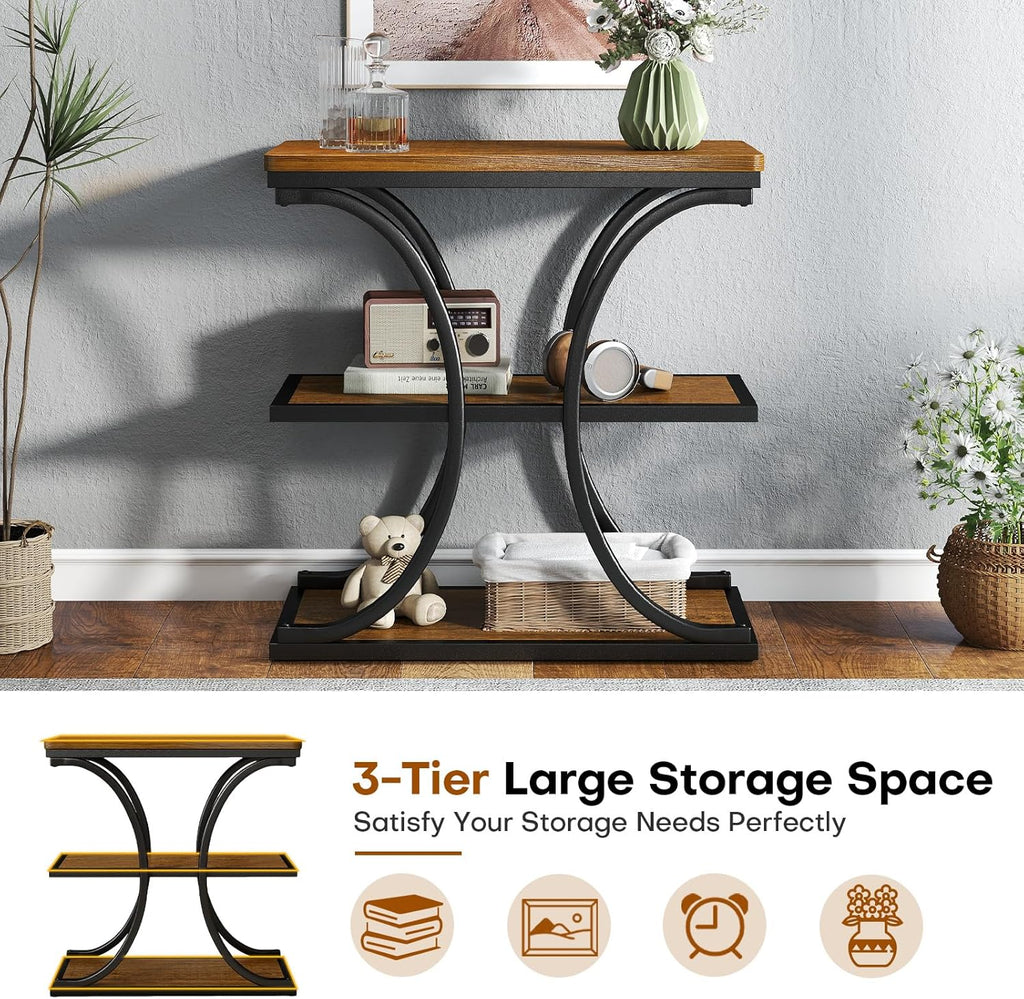 BECHAEO 24" End Tables Living Room, Industrial 3-Tier Small Side Table with Storage Shelves, Wood Sofa Table with Geometric Metal Frame, Multi-Functional Nightstand for Bedroom