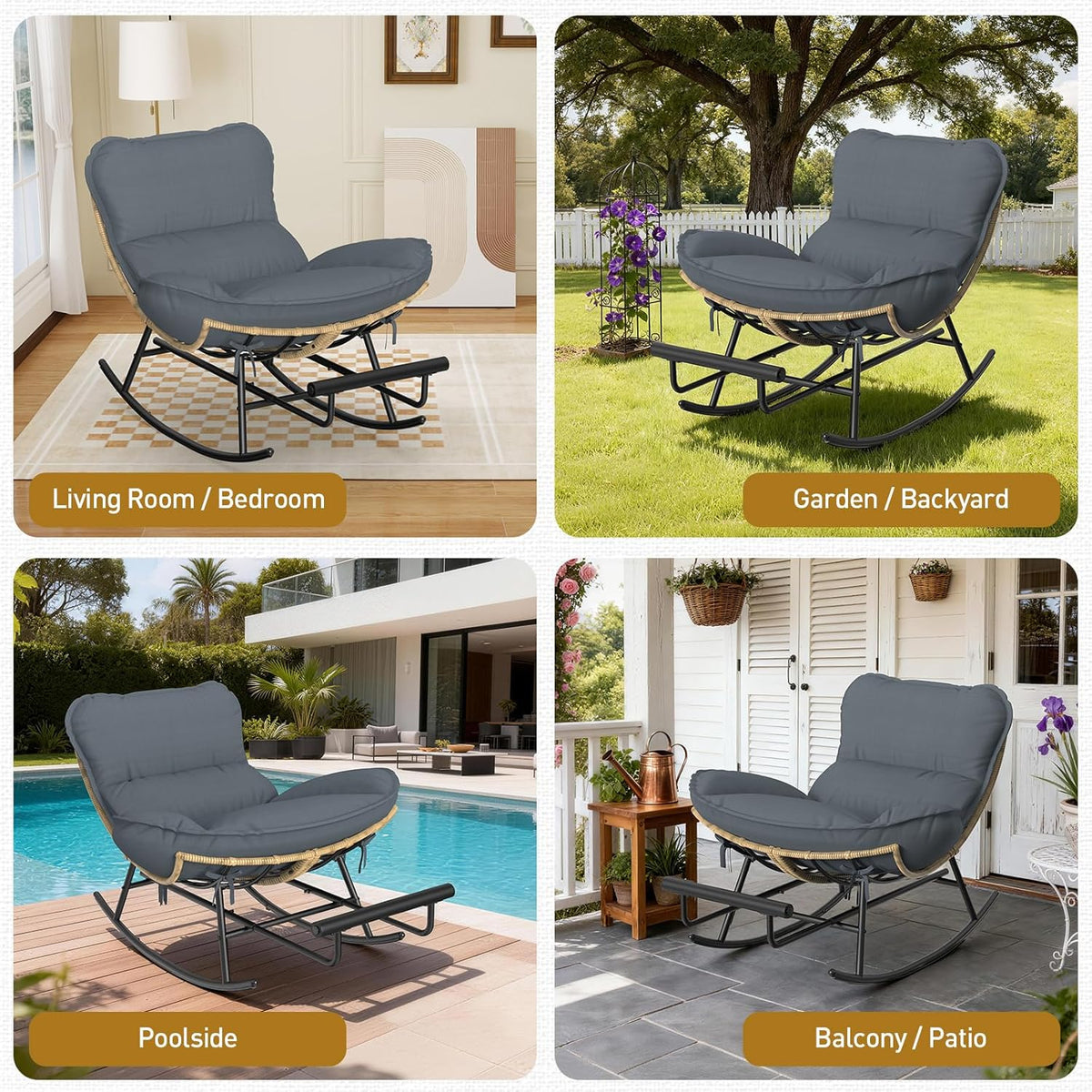 ZENPETIO Papasan Rocking Chair - 500LBS Oversized Rocer with Footrest | Outdoor Papasan Chairs with Thicker Cushion, All-Weather Wicker Rattan Cozy Rocking Chair for Indoor, Balcony, Porch, Garden