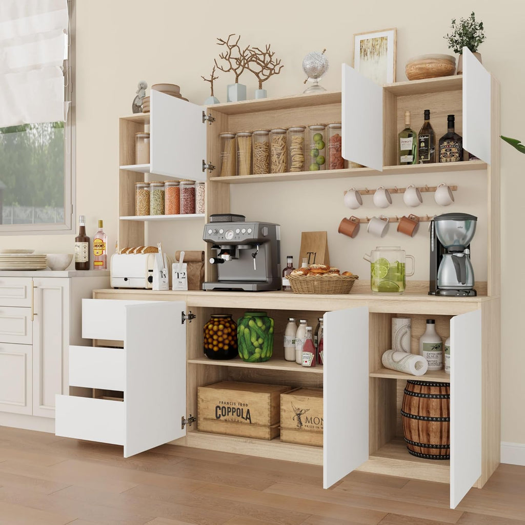 Bobve Large Kitchen Hutch Cabinet with Microwave Stand, Storage Cupboard Pantry with 3-Tier External Shelves and 3 Drawers, Ktichen Food Pantry with Open Countertop for Dining Room, White + Walnut