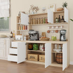 Bobve Large Kitchen Hutch Cabinet with Microwave Stand, Storage Cupboard Pantry with 3-Tier External Shelves and 3 Drawers, Ktichen Food Pantry with Open Countertop for Dining Room, White + Walnut