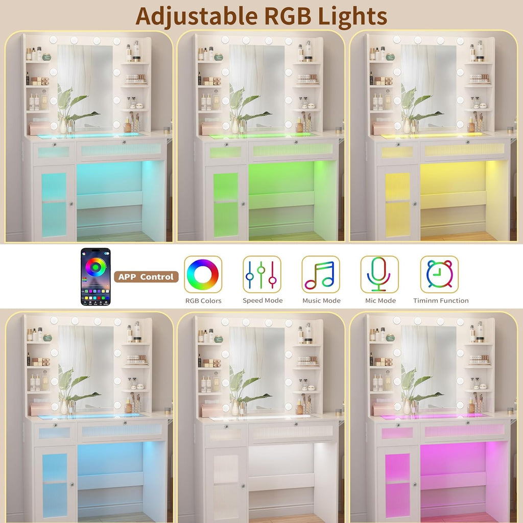 Vipbear White Vanity Desk Small Makeup Vanity Table with Mirror&Lights | Dressing Tables with Power Oulet 2 RGB Drawers Cabinet 6 Shelves Glass Top 10 LED Bulbs 3 Color Modes Folding Panel