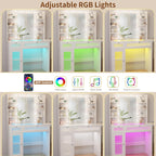 Vipbear White Vanity Desk Small Makeup Vanity Table with Mirror&Lights | Dressing Tables with Power Oulet 2 RGB Drawers Cabinet 6 Shelves Glass Top 10 LED Bulbs 3 Color Modes Folding Panel