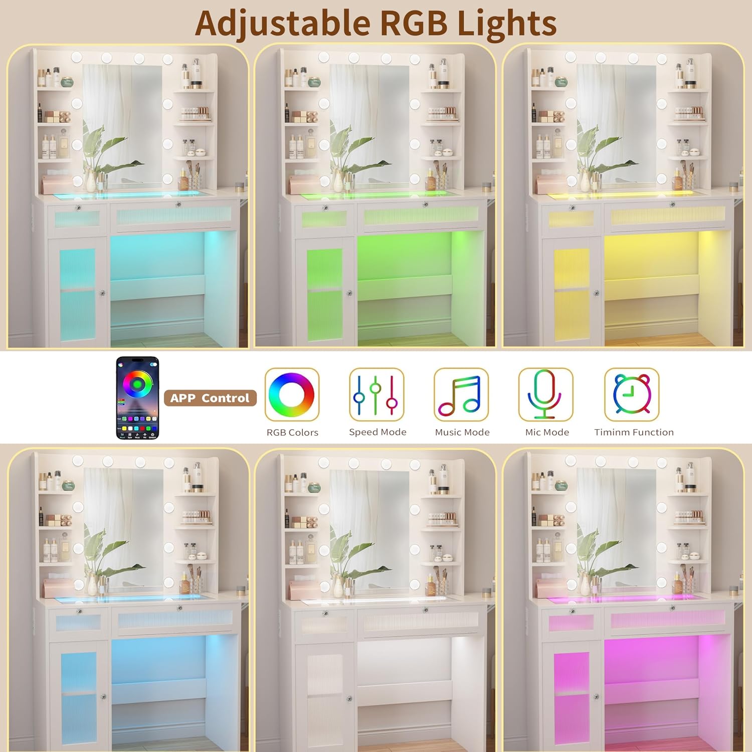 Vipbear White Vanity Desk Small Makeup Vanity Table with Mirror&Lights | Dressing Tables with Power Oulet 2 RGB Drawers Cabinet 6 Shelves Glass Top 10 LED Bulbs 3 Color Modes Folding Panel
