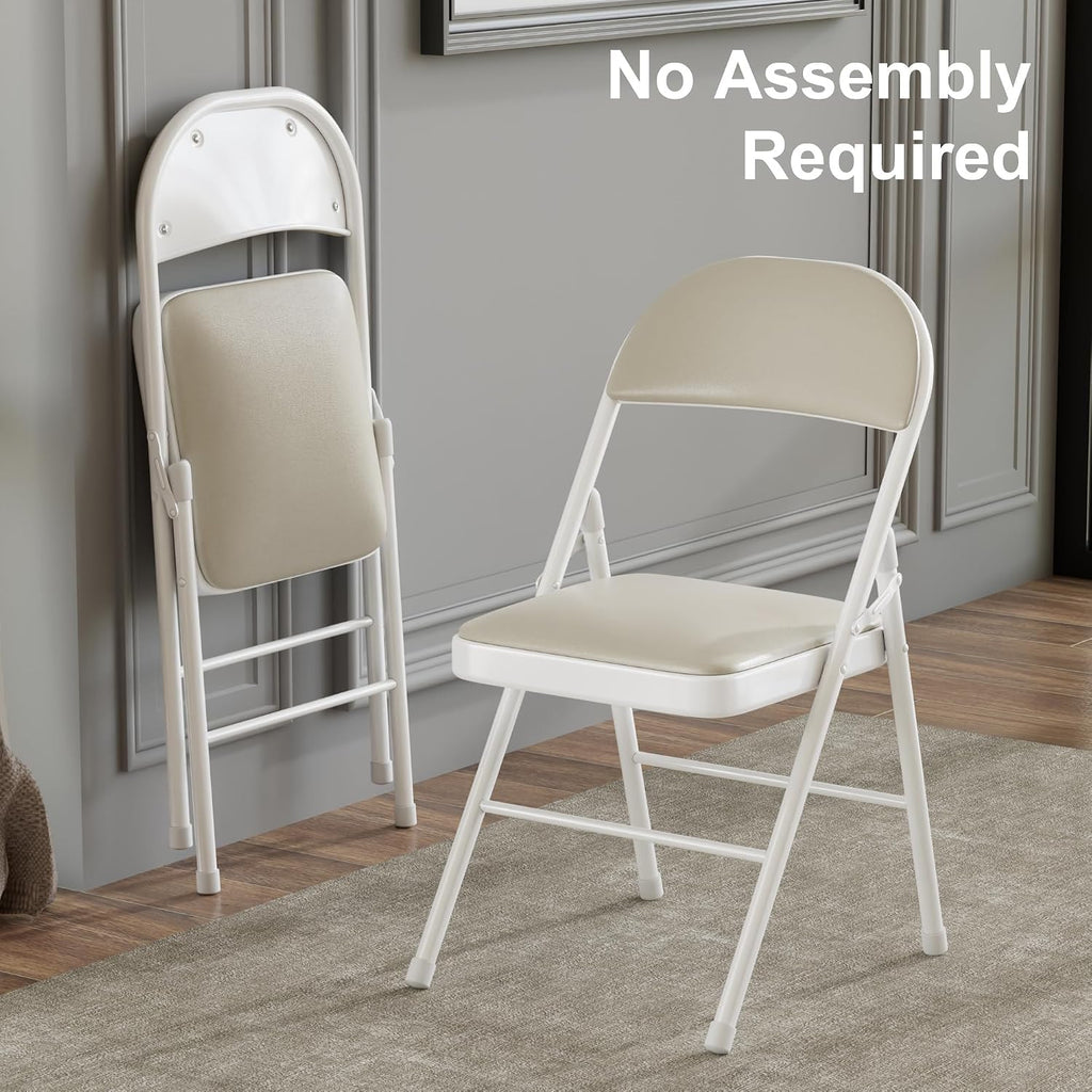 VECELO Folding Chairs Set of 2, Faux Leather Padded, Beige | Folding chairs with comfortable PU leather padded seat, Sturdy metal frame, Space saving design for office dining party