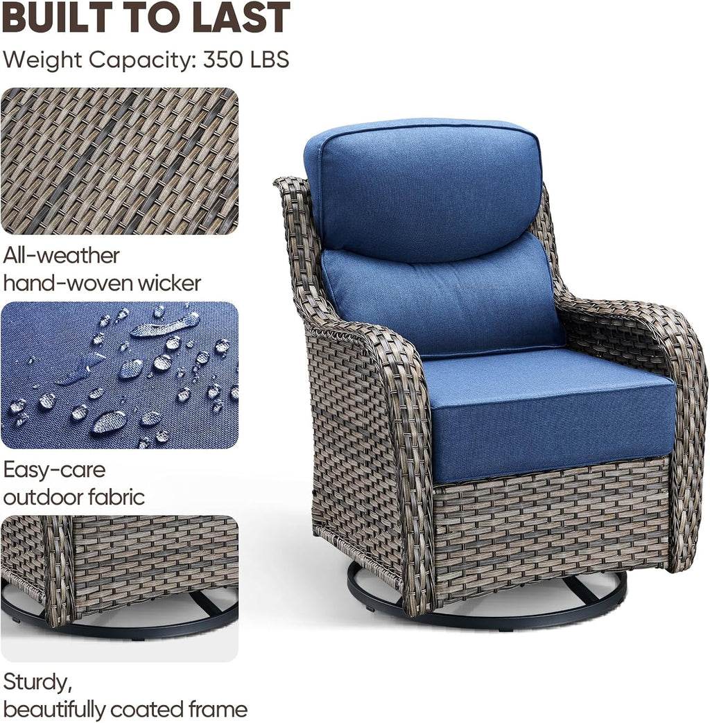 Swivel Patio Chairs sofa Set of 4 with 6" Thick Cushion - Wicker Outdoor Swivel Rocker Patio Chair ,Sofa/Glass coffee table, High Back Comfortable Outdoor Glider Chairs - Grey Wicker | Blue Cushions