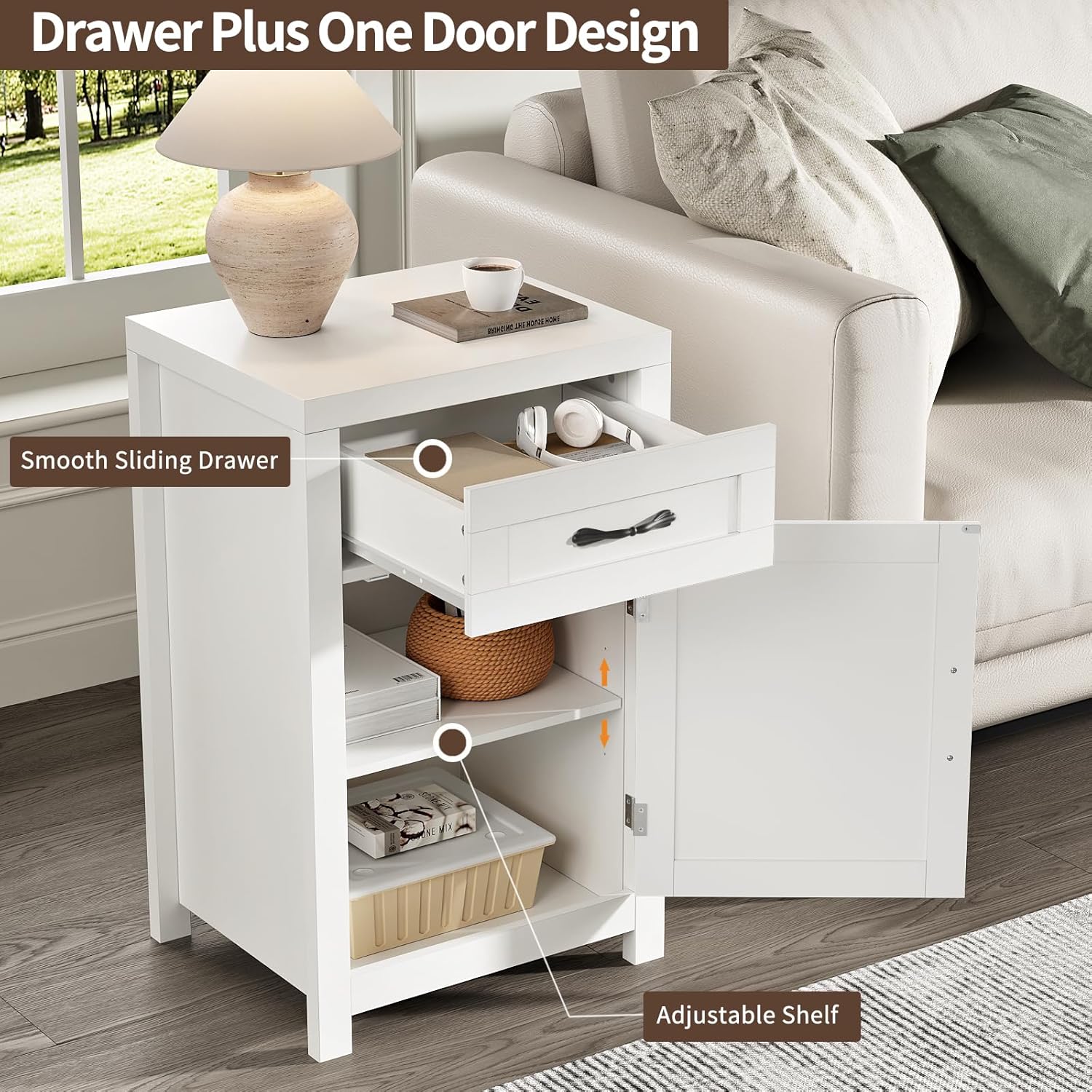 White Nightstand with Drawer, Farmhouse End Table with Storage Cabinet and Adjustable Shelf, 30" Tall Bedside Table Rustic Wood Sofa Side Table for Living Room, Bedroom