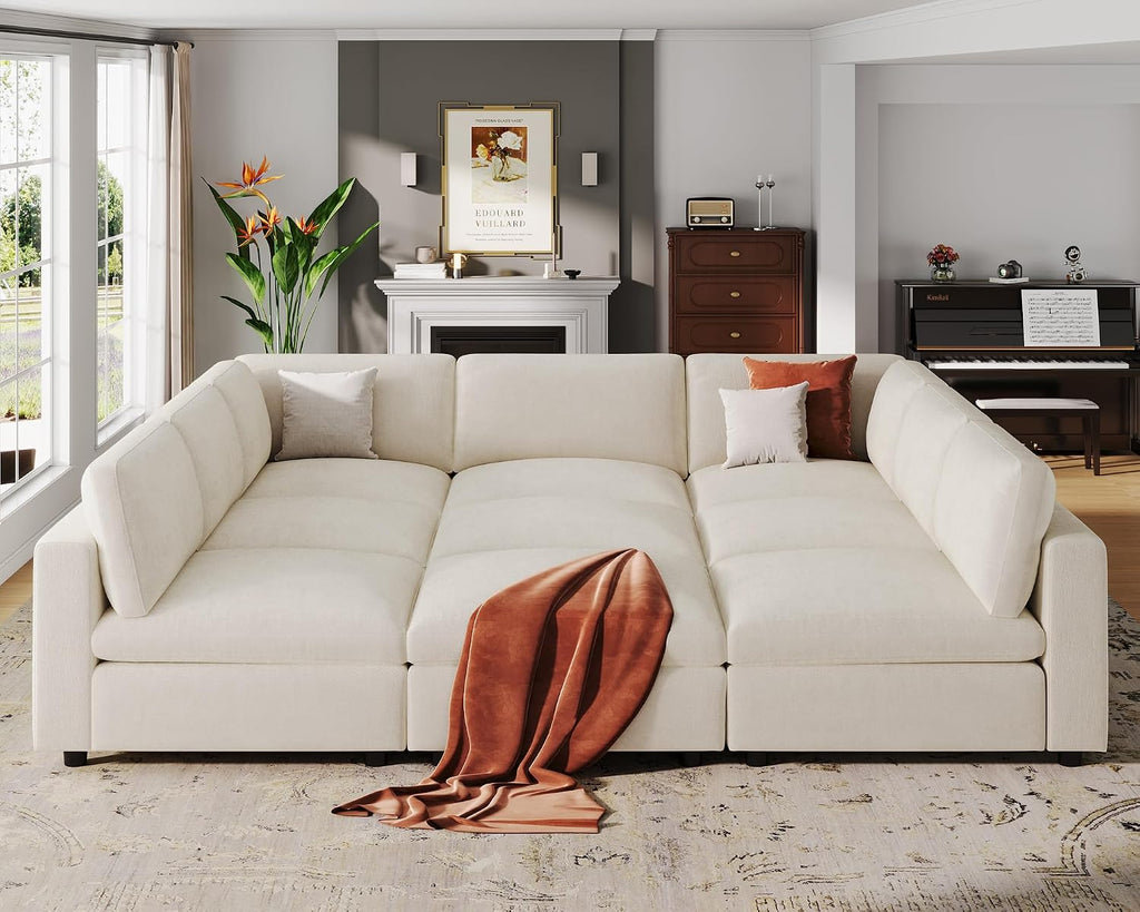 VANOMi Sectional Sofa with Convertible Sleeper Modular Couch,Chenille,Beige | Convertible,Washable,Removable Cover,Modern,Comfortable