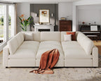 VANOMi Sectional Sofa with Convertible Sleeper Modular Couch,Chenille,Beige | Convertible,Washable,Removable Cover,Modern,Comfortable