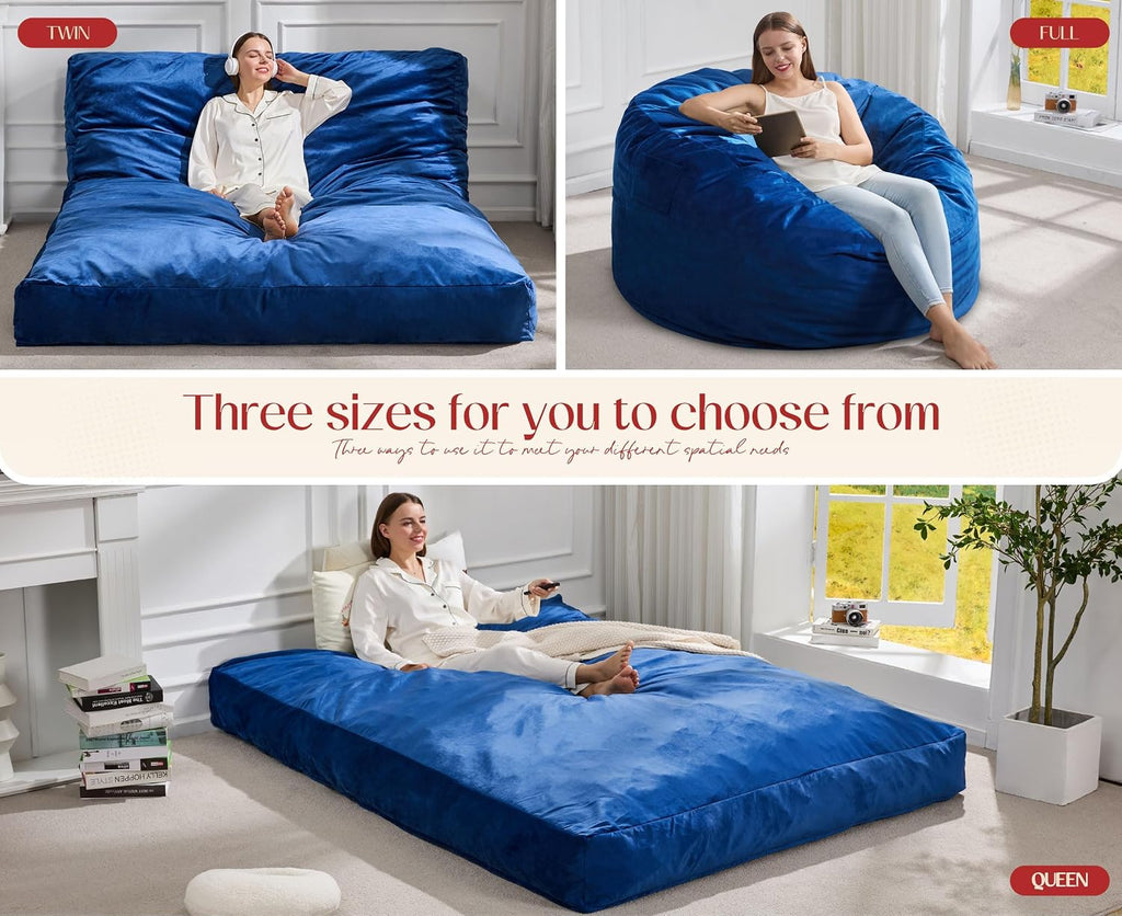 Hobestluk Adults Bean Bag Chairs Convertible 3 in 1 Large BeanBag Couch | Velvet,3 IN 1 Design,Memory Foam Filling,Portable Handle,Comfy Sofa Couch Lounger for Living Room Bedroom | Blue FULL Size