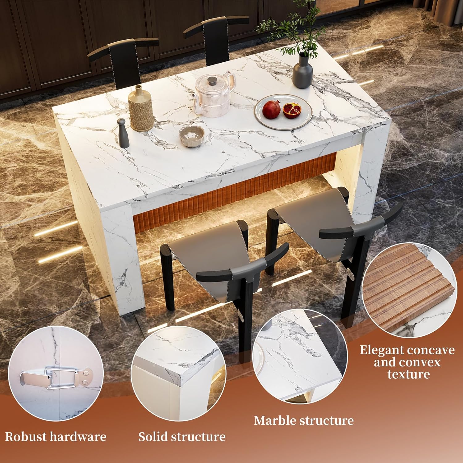 63"*35.4" Large Imitation Marble Dining Table, Mordern Bar Marble Stripes Kitchen Dining Table with Grille Design for 4 5 6 7 People, Island Table with LED Lights for Home Kitchen Living Room.