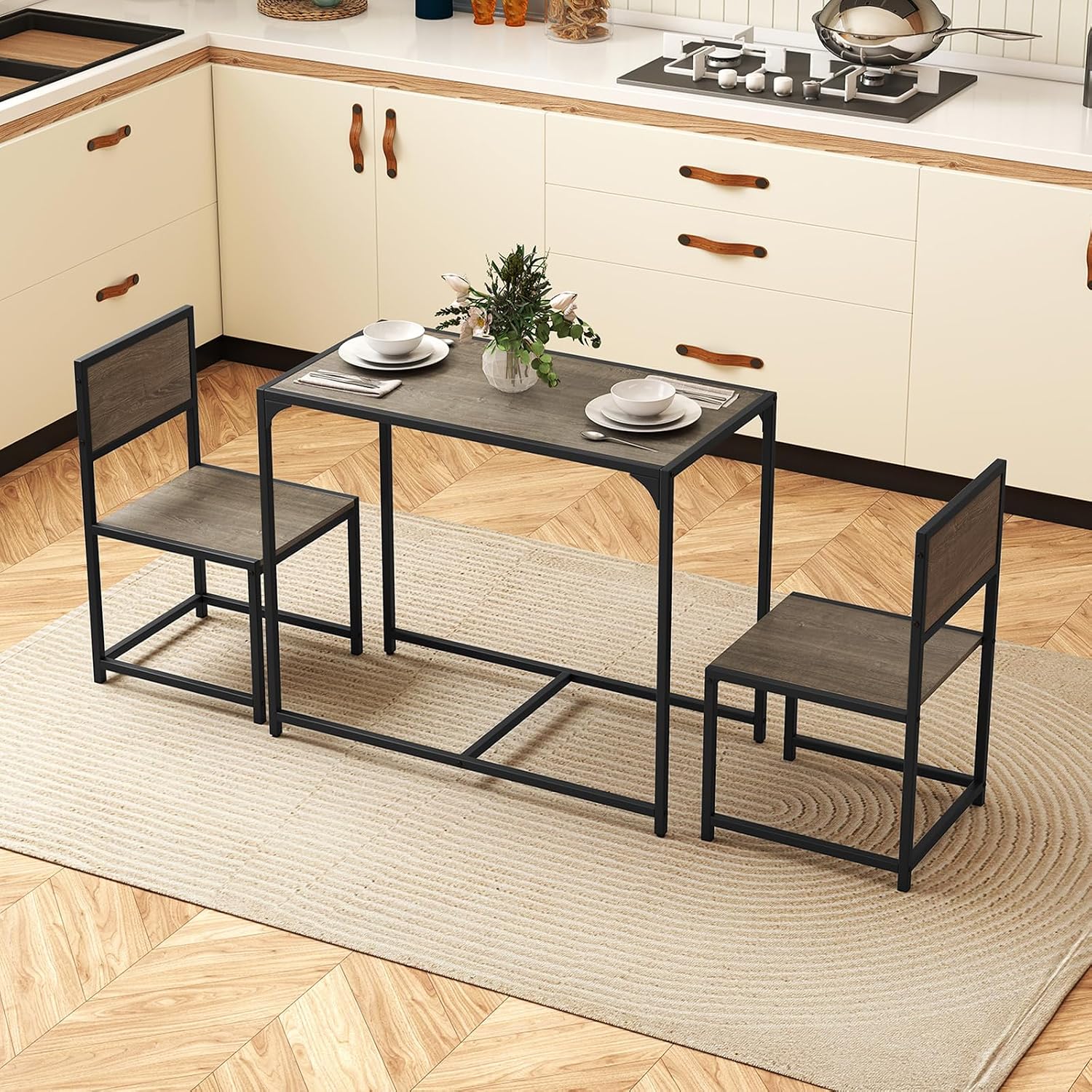 COSTWAY 3-Piece Small Dining Table Set for 2, Industrial Dinette Set with Sturdy Metal Frame & Wood Grain Tabletop, Space-Saving Kitchen Table and Chairs for Apartment, Small Spaces (Gray Oak)