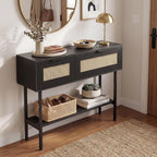 Giantex Rattan Console Table with Storage, 40" Boho Entryway Table w/ 2 Flip Door Cabinets & Shelf, Metal Frame, 2 Anti-Tipping Kits, Narrow Long Behind Couch Sofa Table for Entrance Hallway, Black