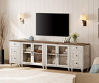 WAMPAT Sideboard Buffet Cabinets with 4-Glass Door, Kitchen Storage Cabinets with Charging Station, Wood Coffee Bar Table with Adjustable Shelf & 2 Drawers for Dining Room, Living Room, Rustic White