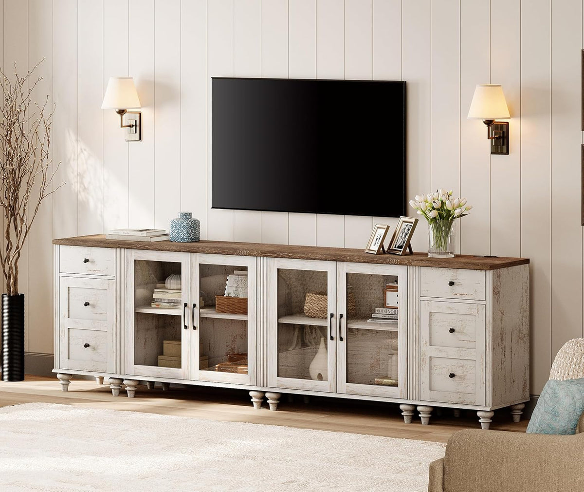 WAMPAT Sideboard Buffet Cabinets with 4-Glass Door, Kitchen Storage Cabinets with Charging Station, Wood Coffee Bar Table with Adjustable Shelf & 2 Drawers for Dining Room, Living Room, Rustic White