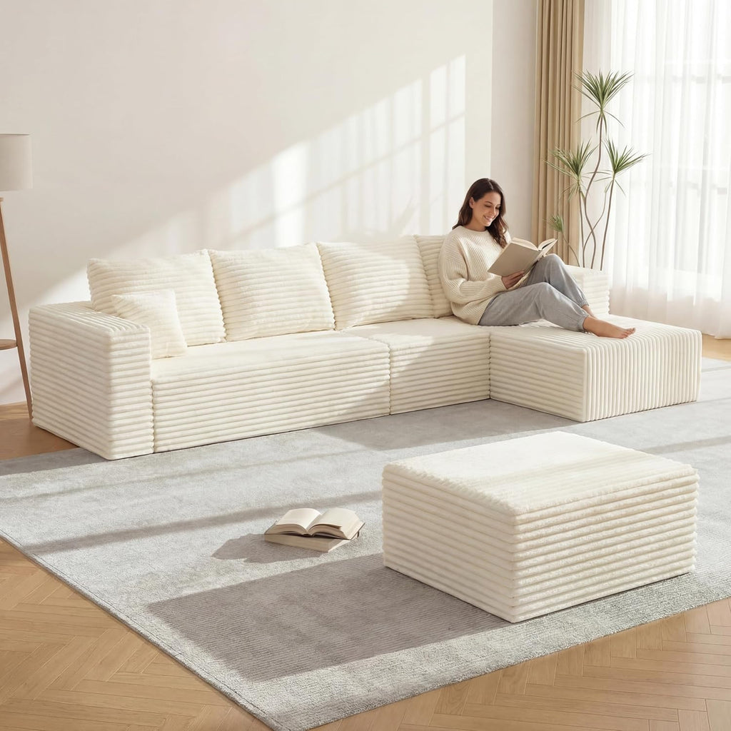 118" U-Shaped Modular Sectional Sofa Set,Soft Corduroy Cloud Couch with Chaise & Ottoman,Deep Seat Couches for Living Room,No-Assembly - Beige (Left Facing Chaise)