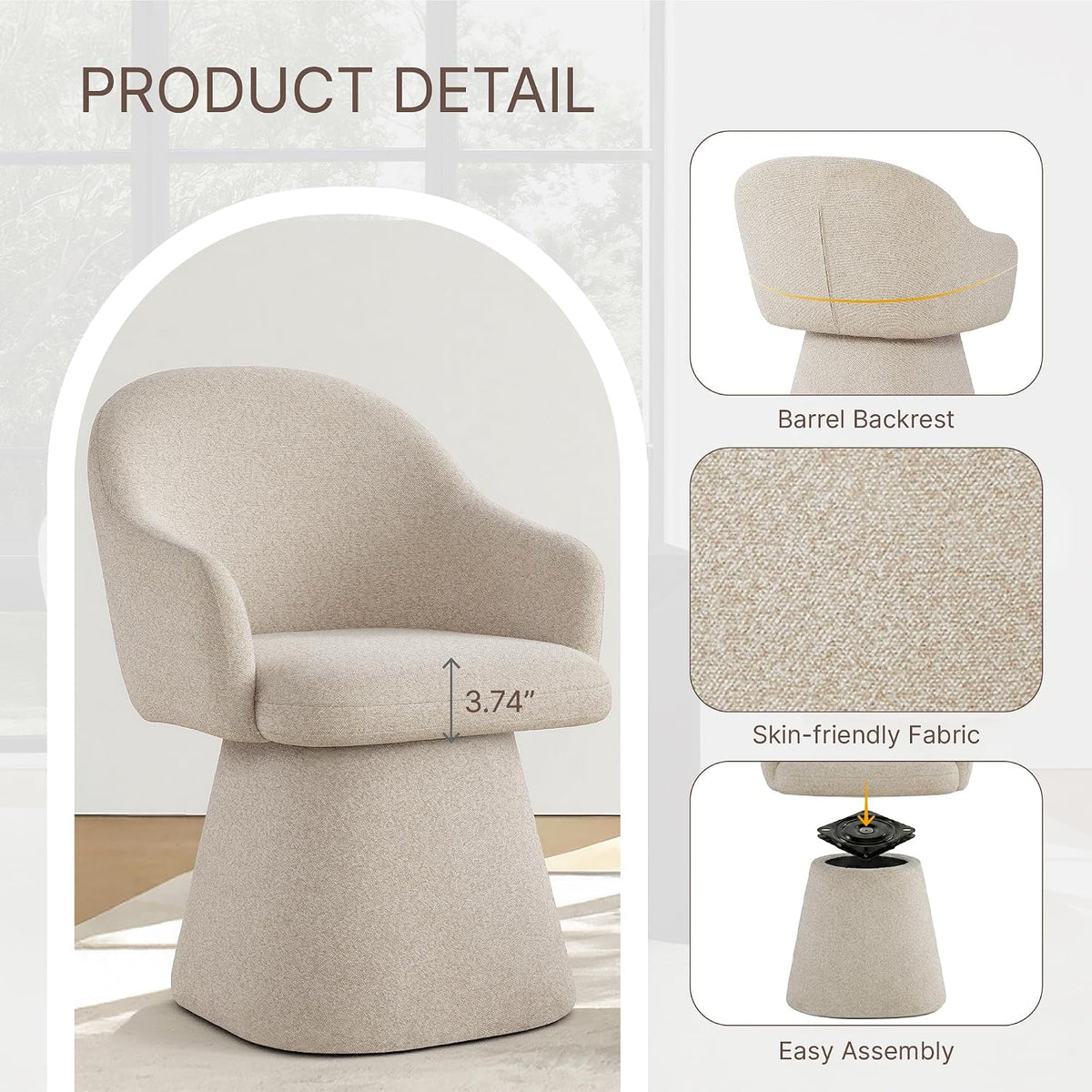 KISLOT Swivel Dining Chairs Set of 2, Upholstered Modern Barrel Dining Chairs with 360° Swivel Base, Chenille Velvet Fabric Accent Kitchen Chairs with Arms, Padded Dining Room Chairs, Sand