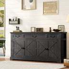 Vipbear 65" Large Sideboard Buffet Cabinet with Storage, Farmhouse Buffet Table Wine Coffee Bar Kitchen Storage Cabinet with 3 Drawers 4 Doors for Living Room, Kitchen, Dining Room, Black Oak