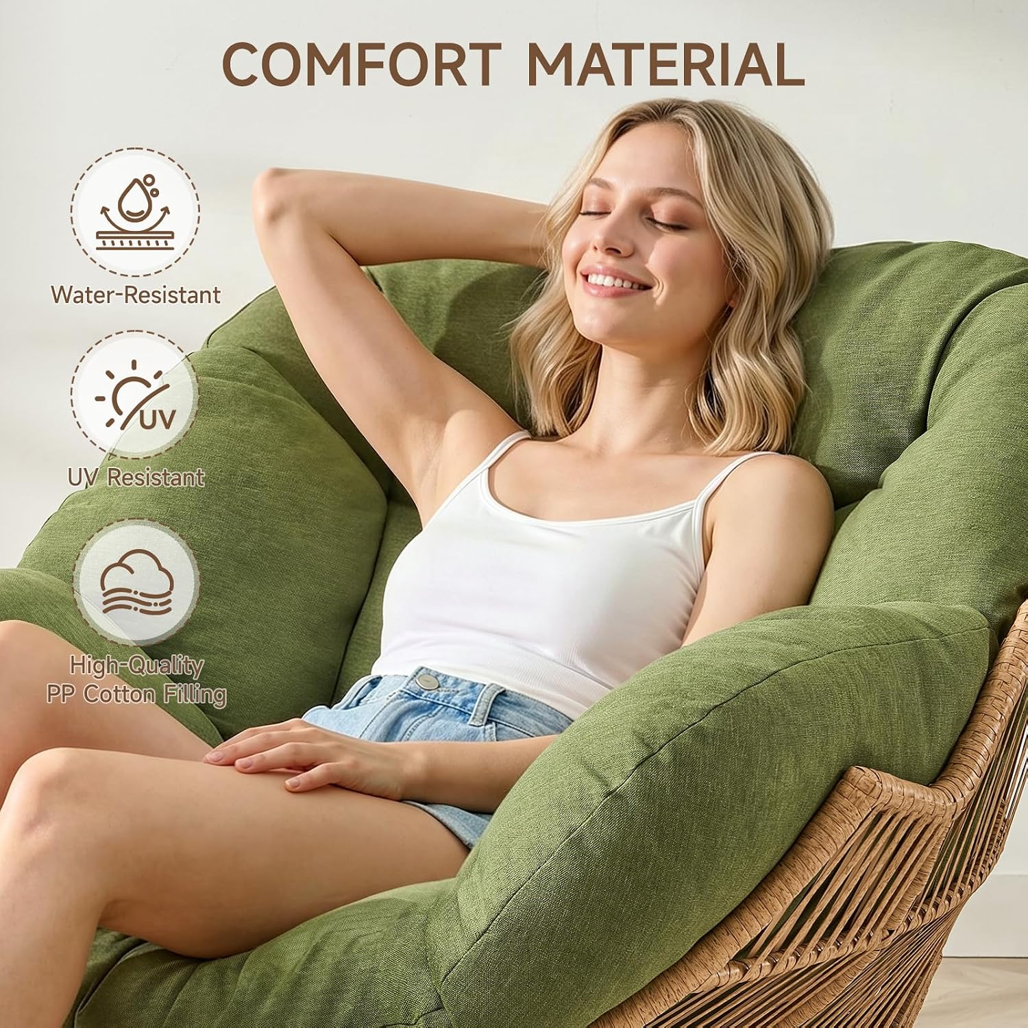Papasan Rocking Chair with Ottoman, Oversized Papasan Chair, Olive Green | Indoor & Outdoor Rocker Chair with Padded Cushion for Living Room, Patio, Garden