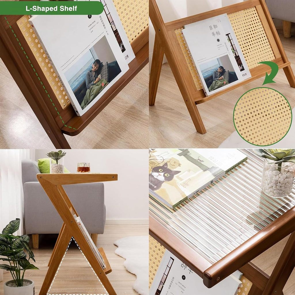 Z Shaped End Table, Wooden Coffee Tables with Storage,Boho Wooden End Table,Side Tables Living Room with Glass Top & Magazine Rack for Bedroom,Couch,Small Space,Yellow,45 * 37 * 56cm