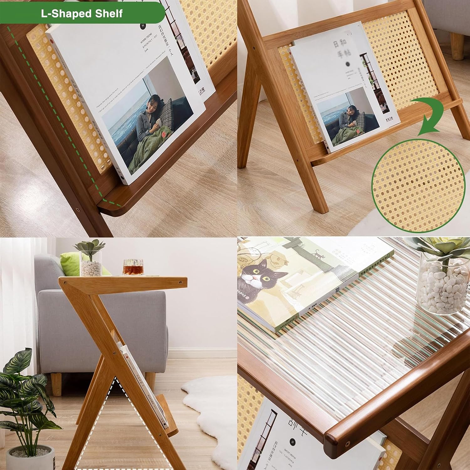 Z Shaped End Table, Wooden Coffee Tables with Storage,Boho Wooden End Table,Side Tables Living Room with Glass Top & Magazine Rack for Bedroom,Couch,Small Space,Yellow,45 * 37 * 56cm