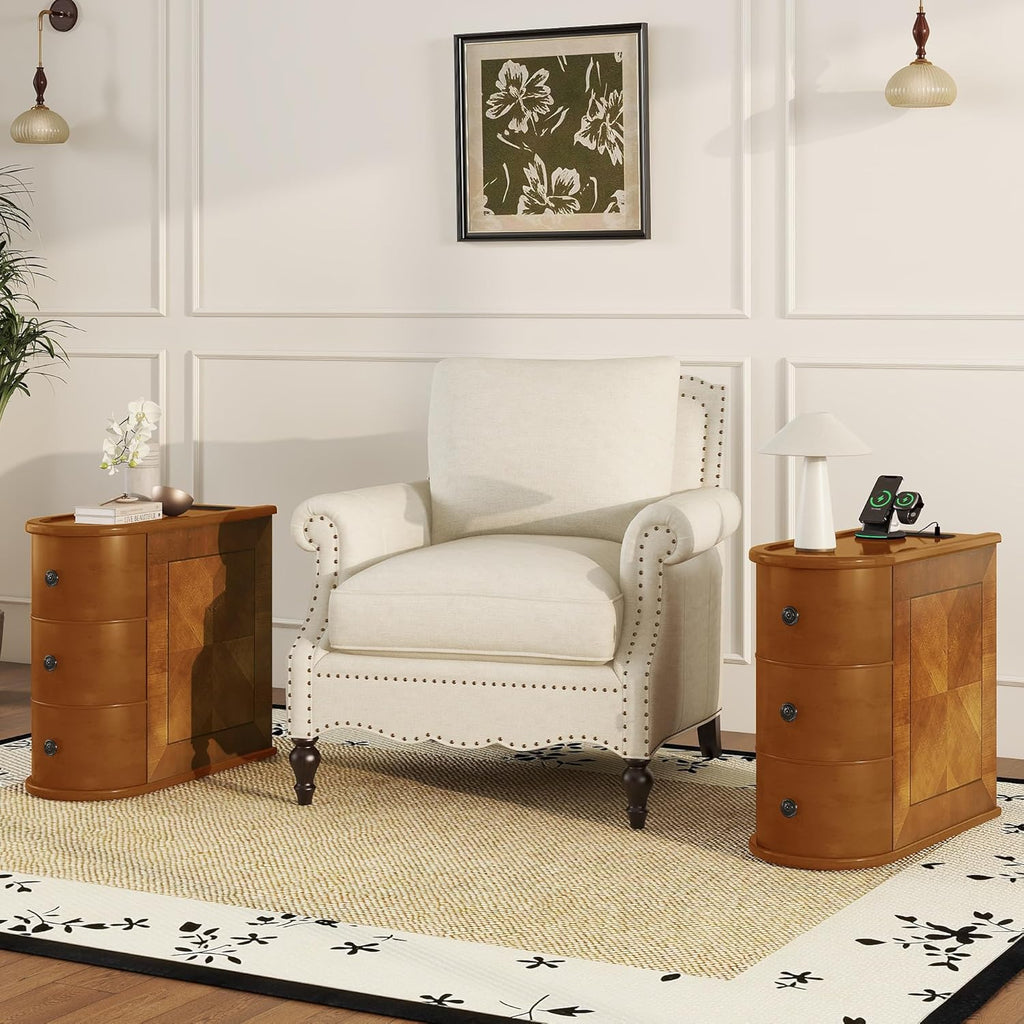 Narrow End Table with Charging Station, Wood Side Table with Drawers for Small Spaces, 3-Drawer Nightstand with Storage, Slim Bedside Cabinet for Living Room/Bedroom/Corner, Fully Assembled, Walnut