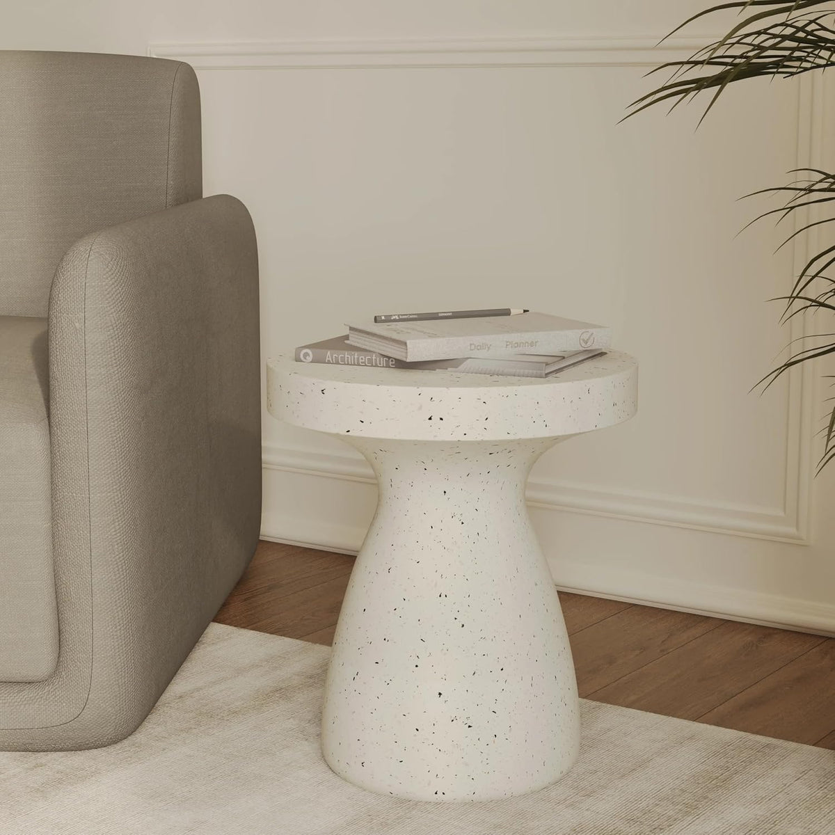 LeisureMod Wisp 16" Modern Wide Round Fiberstone Hourglass Design Side Table - Stylish Accent End Table