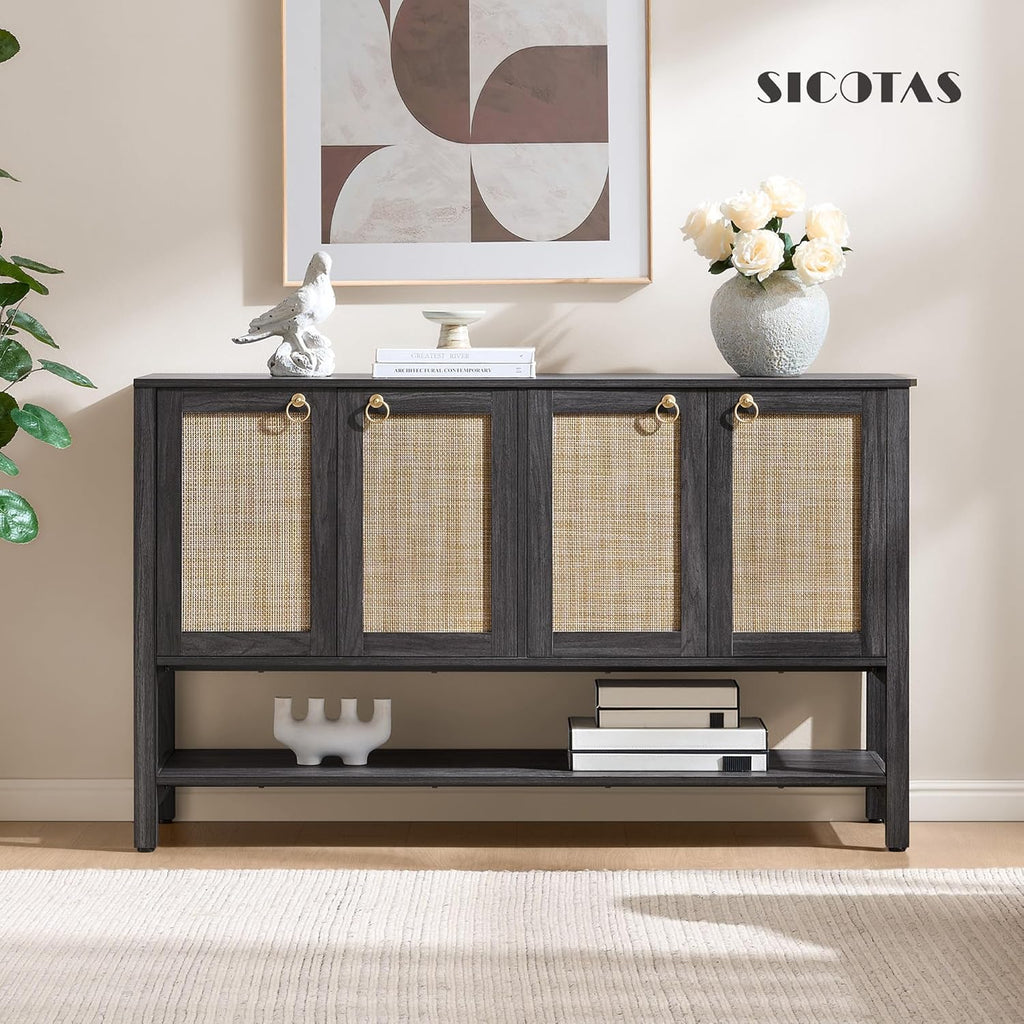 SICOTAS 55" Obsidian Sideboard Buffet Cabinet with Rattan Doors, Modern Industrial Coffee Bar Cabinet with Open Shelf, Black Wood Credenza & Console Table for Entryway, Kitchen, Dining Room