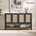 SICOTAS 55" Obsidian Sideboard Buffet Cabinet with Rattan Doors, Modern Industrial Coffee Bar Cabinet with Open Shelf, Black Wood Credenza & Console Table for Entryway, Kitchen, Dining Room
