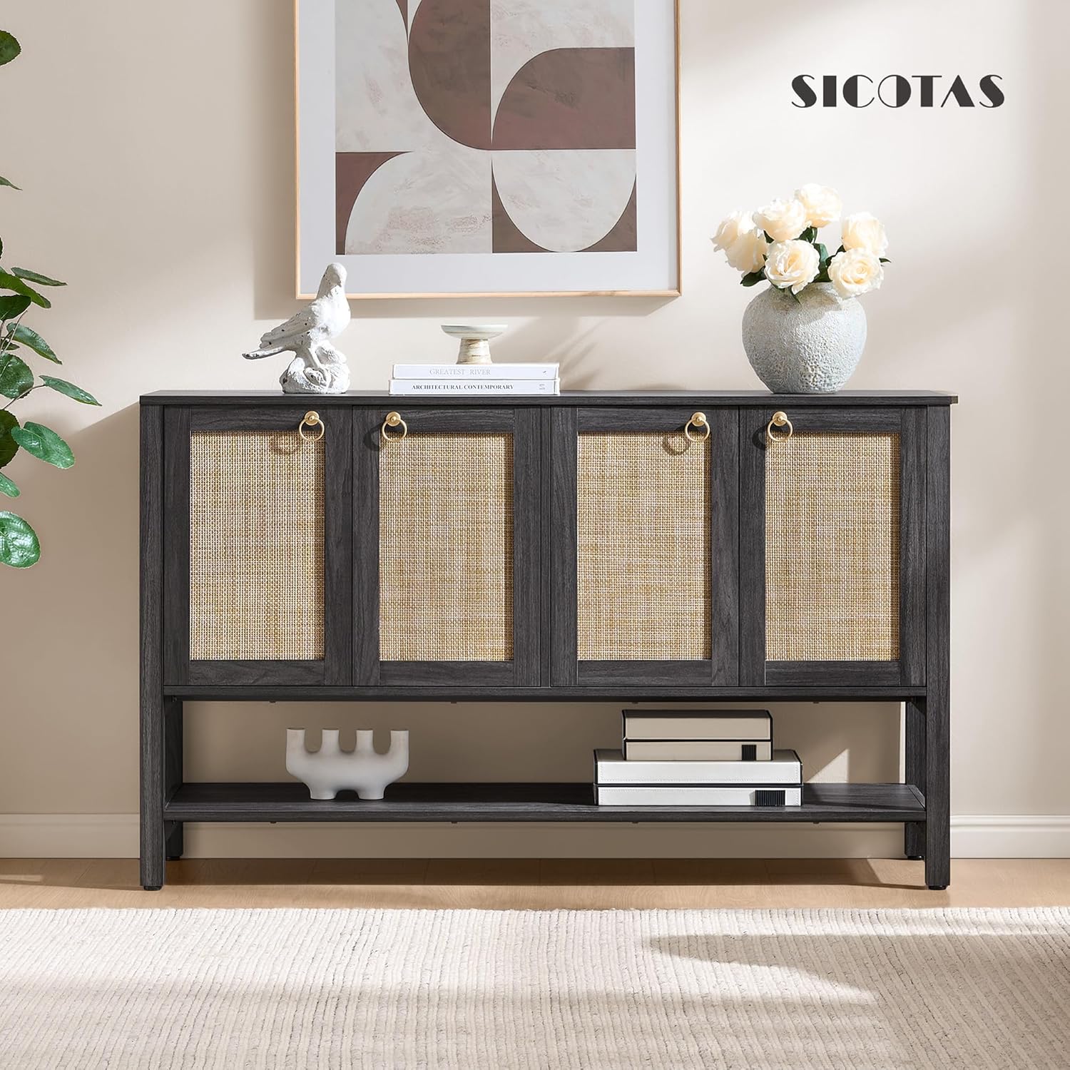SICOTAS 55" Obsidian Sideboard Buffet Cabinet with Rattan Doors, Modern Industrial Coffee Bar Cabinet with Open Shelf, Black Wood Credenza & Console Table for Entryway, Kitchen, Dining Room