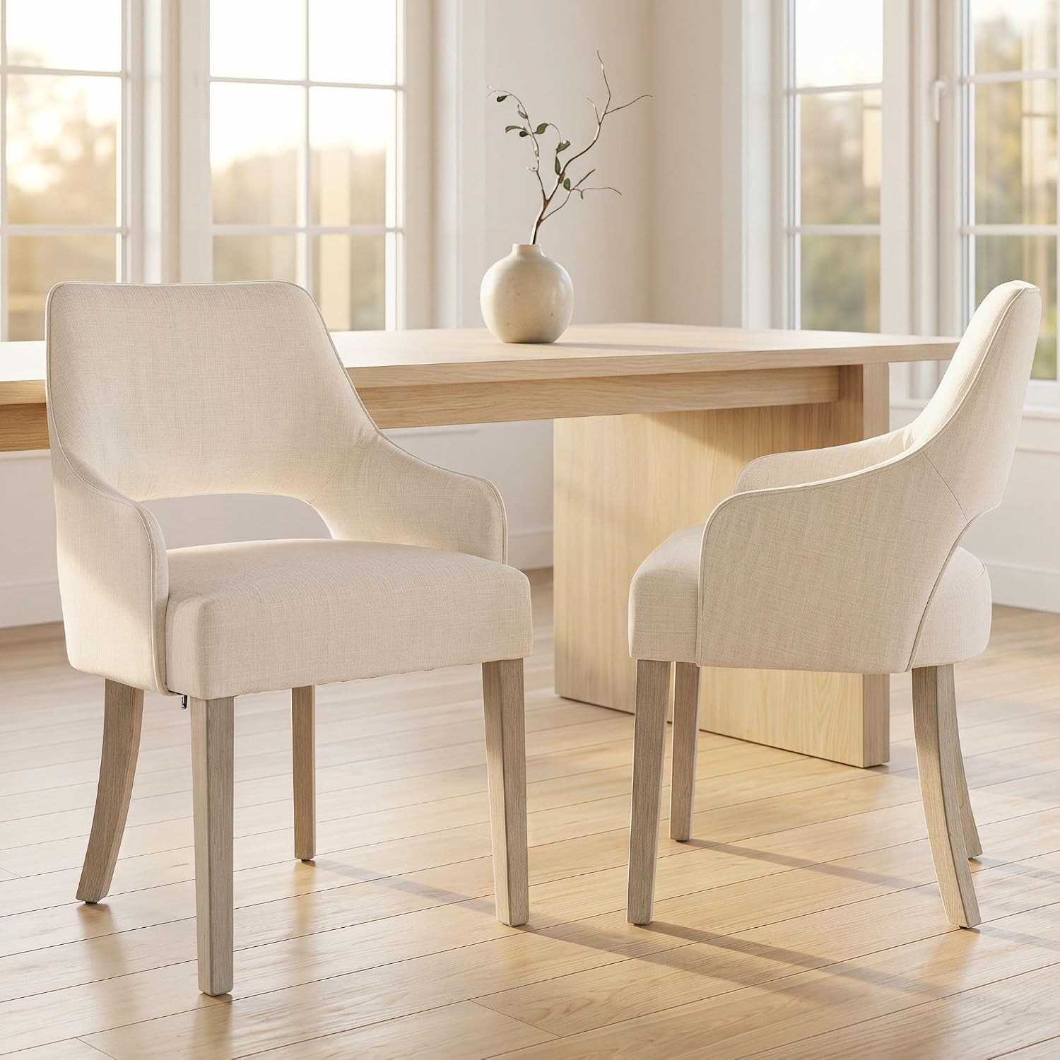 Dining Chairs Set of 2 Linen Upholstered Accent Kitchen Chair with Hollow Back/Padded Seat/Wood Legs for Dining Room Restaurant Home Decor, Beige