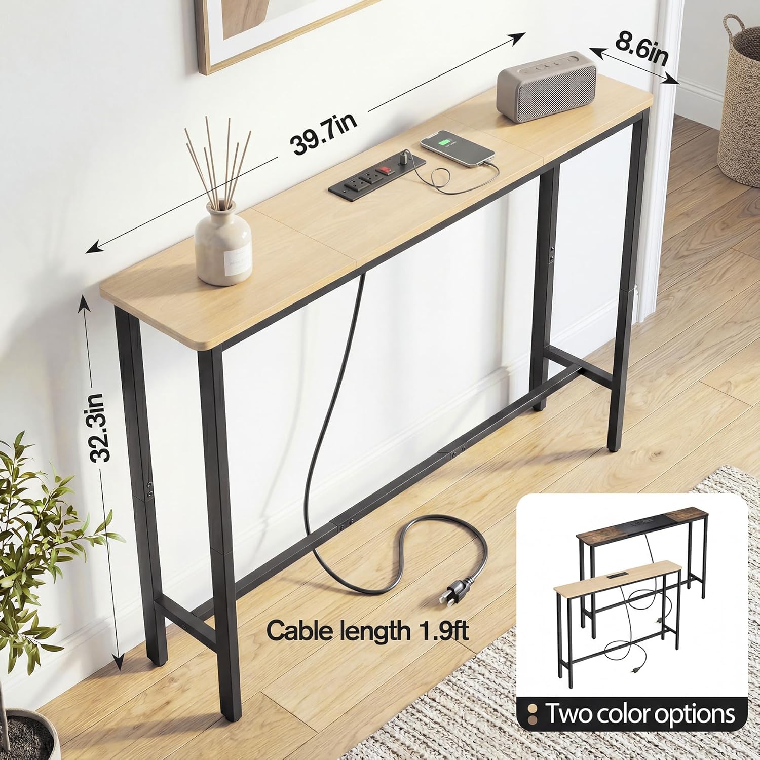 Narrow Console Table Behind Couch, 39.7” L x 32.3” H, Slim Sofa Table with Fast Charging Station for Small Spaces, Skinny Entryway & Hallway Table, Easy Assembly
