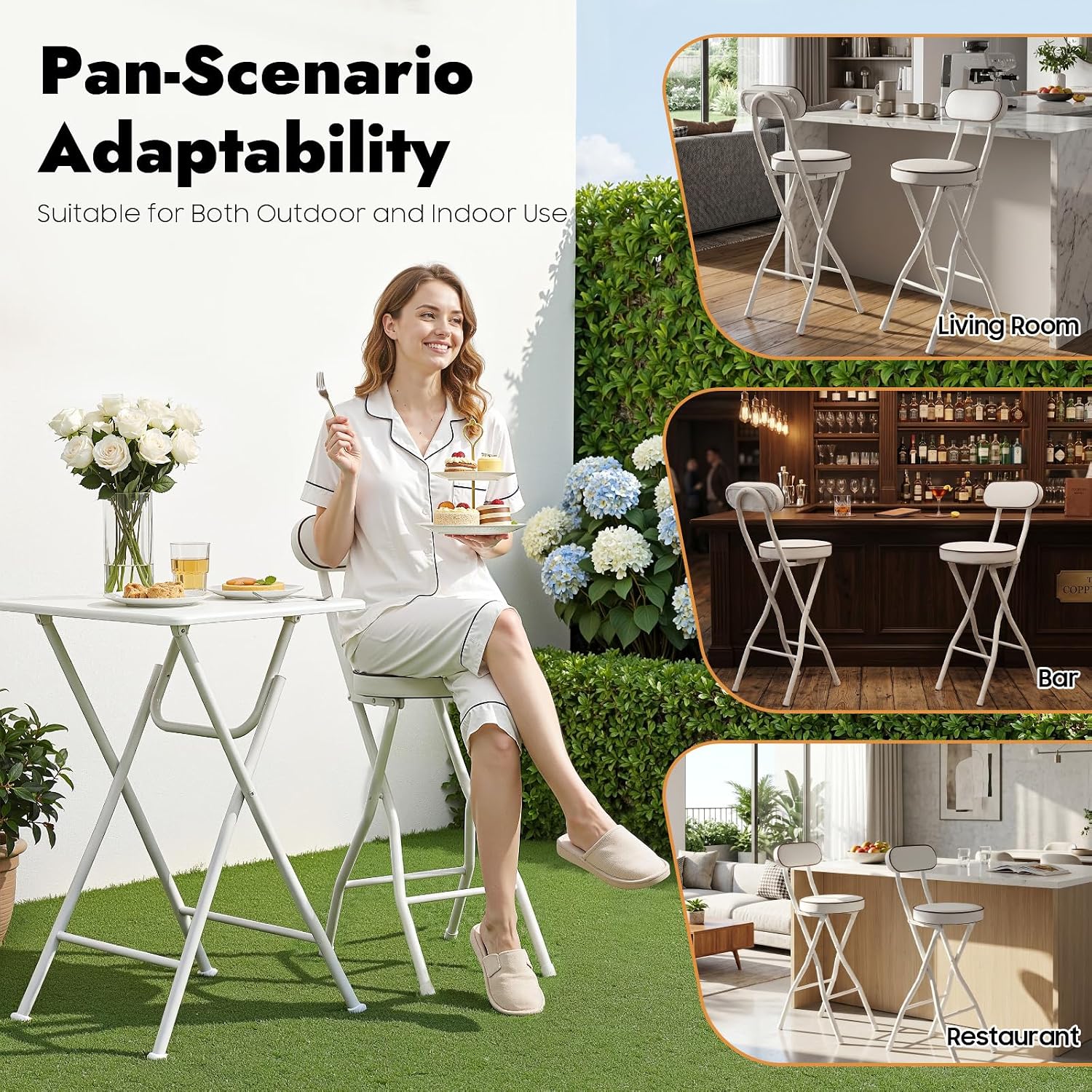 2PCS Folding Stool Cushioned Padded Folding Stool with 275.6lbs Capacity Foldable Bar Stool Portable Stool Chair with Back for Kitchen Living Room Garden Camping Fishing (White)