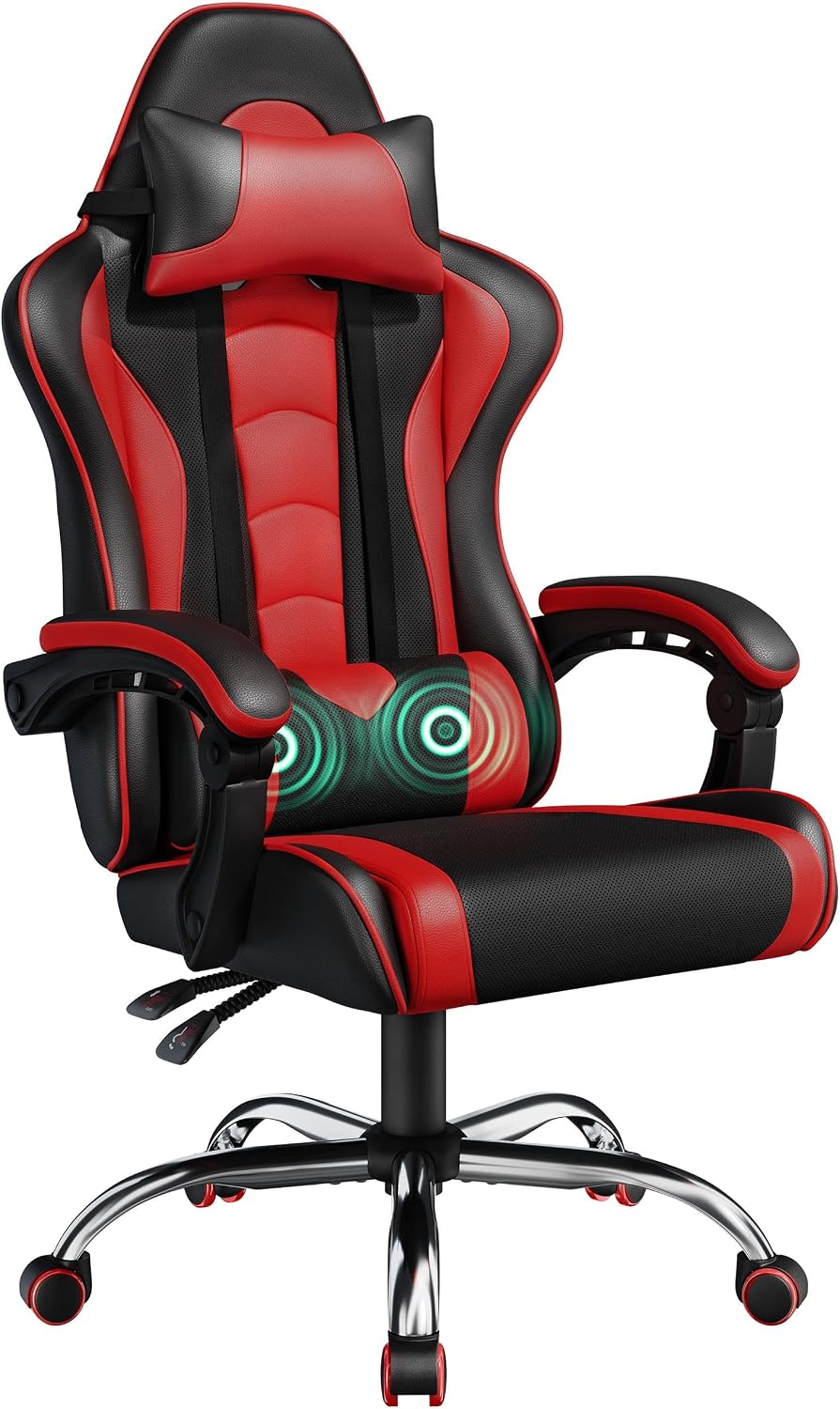 Yaheetech Gaming Chair with Massage Lumbar Pillow High Back Reclining Red | PU leather racing seat with thick foam padding, massaging lumbar cushion, headrest, and steady recline for all-day comfort.